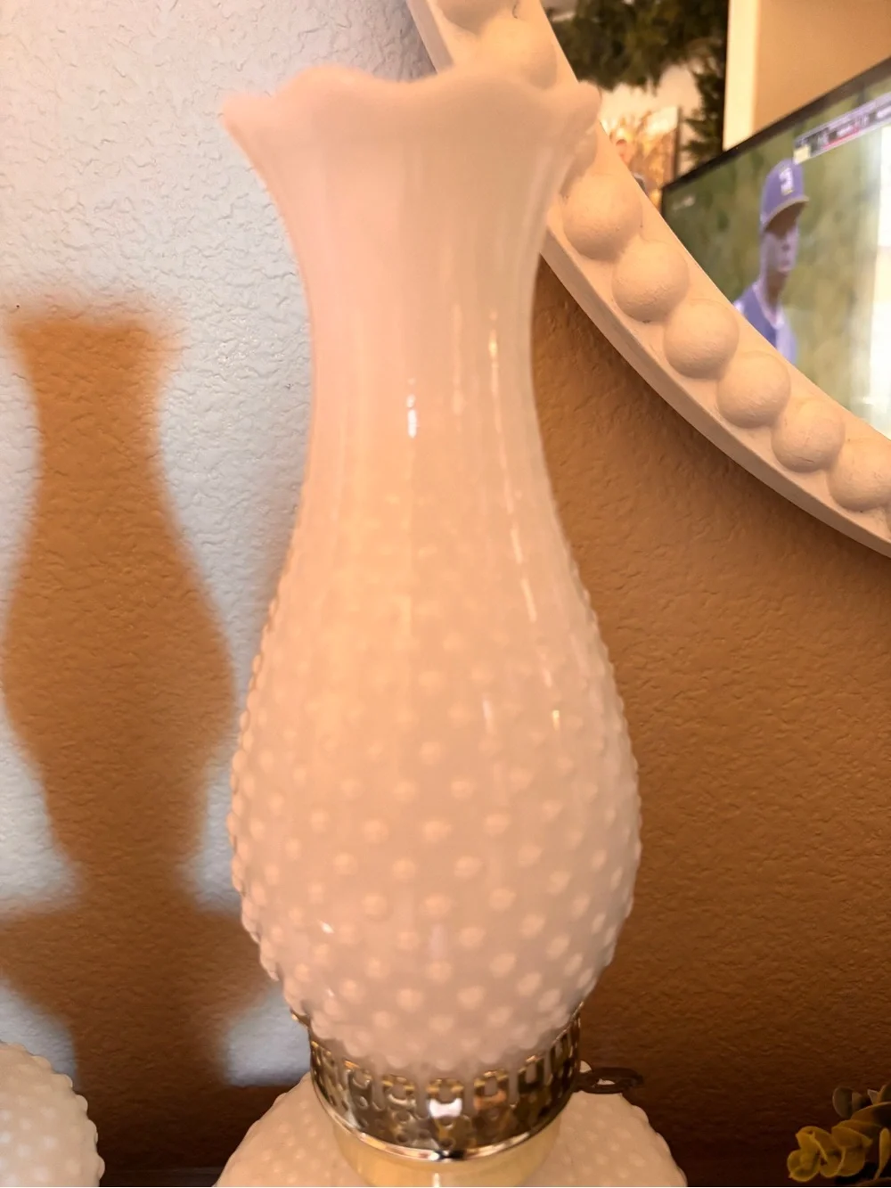 Vintage Pair Richlite Hobnail Milk Glass Hurricane Table Lamps 17” Ruffled